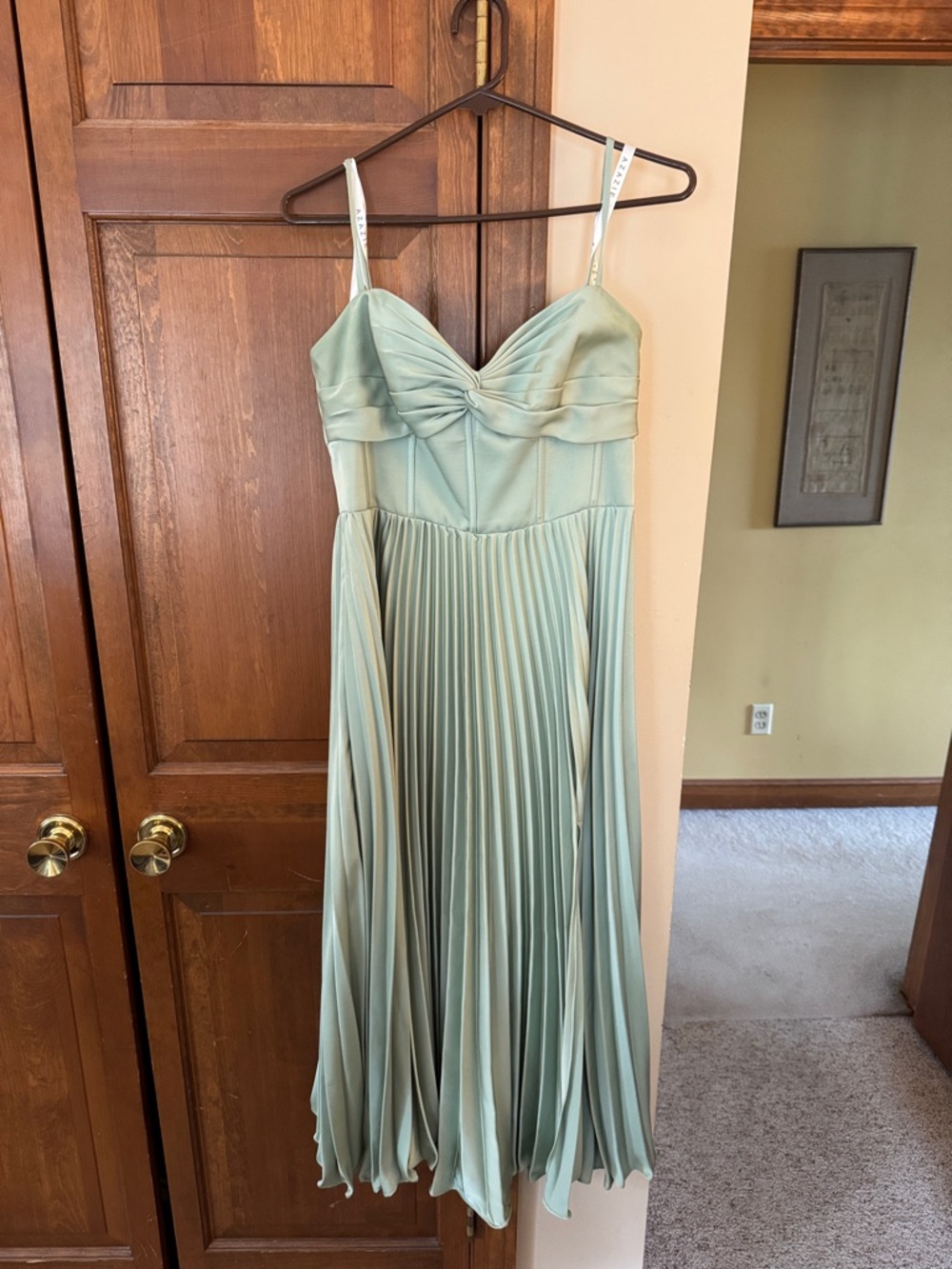 Azazie Pleated Sage Green Satin Spaghetti-Strap Midi Dress - size 10